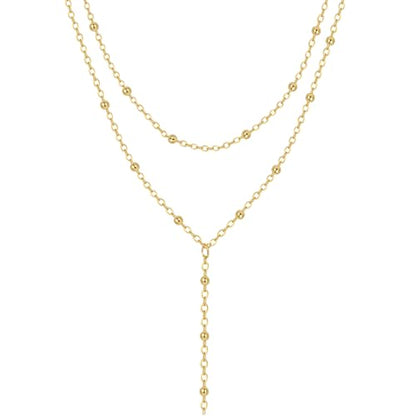 Lariat Gold Necklaces for Women Trendy Dainty Long Necklace 14k Gold Plated/Silver Layered Drop Beaded Chain Necklaces Y-shaped Pendant Necklace Simple Gold Jewelry Gifts - color: Beaded-Gold