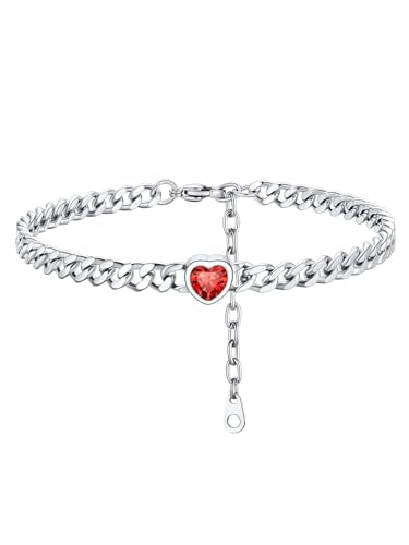ChainsHouse Cuban Chain Anklets for Women with Heart Birthstone Jan - Dec | Stainless Steel Black Link Chain Ankle Bracelet with Birthstone, Beach Women Anklet 22cm-27cm Adjustable, with Gift Box - color: 07. Jul.-Ruby-Steel
