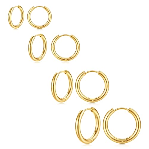 Silver Gold Hoop Earrings for Women Men, 316L Surgical Stainless Steel Huggie Hoop Earrings Set Hypoallergenic Small Cartilage Earrings Lightweight Hoop Earrings Huggie Set - color: 4 Pair Small Gold-8/10/12/14mm
