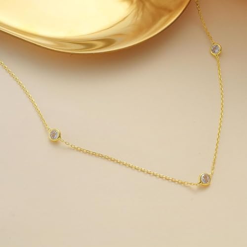 Dainty Silver Gold Necklaces for Women Cute Station Choker Simulated Diamond Necklace Simple Layering CZ Necklace Trendy Jewelry Gifts - color: Gold, style: 5pcs Round CZ-Cable Chain