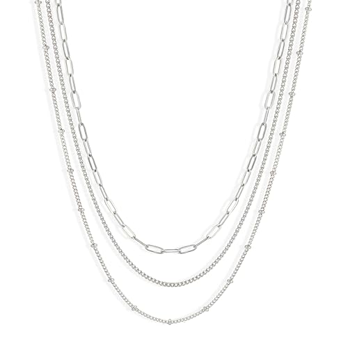 CONRAN KREMIX Waterproof Gold Necklace Layered Necklaces for Women Non Tarnish,14k Gold Plated Stainless Steel Dainty Stack Thin Chain Necklace Set for Women Gifts Jewelry - color: Silver-07