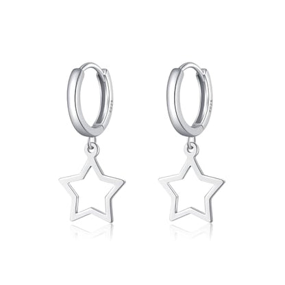 Reffeer Solid 925 Sterling Silver Star Hoop Dangle Earrings for Women Teen Girls Star Drop Earrings Huggie - color: A-Silver