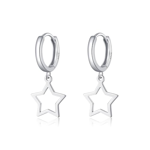 Reffeer Solid 925 Sterling Silver Star Hoop Dangle Earrings for Women Teen Girls Star Drop Earrings Huggie - color: A-Silver