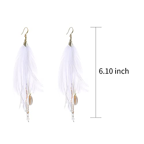Bohemian Feather Dangle Earrings for Women with Shell Beads Long Tassel Design Drop Earrings - style: Style-Pure White