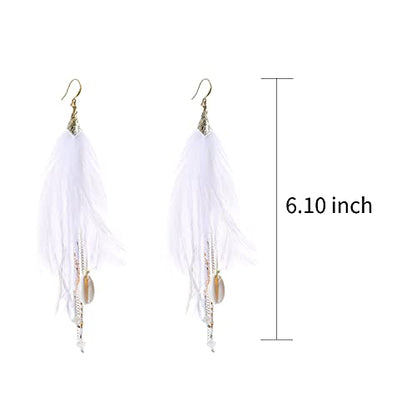 Bohemian Feather Dangle Earrings for Women with Shell Beads Long Tassel Design Drop Earrings - style: Style-Pure White