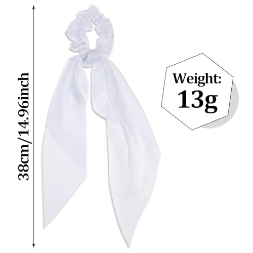 Mabor 2 Pcs Knotted Bow Satin Hair Scrunchie Hair Tie with Bow Hair Scarf with Tail Hair Scrunchies Elastic Hair Scarf Ponytail Holder for Women and Girls,White