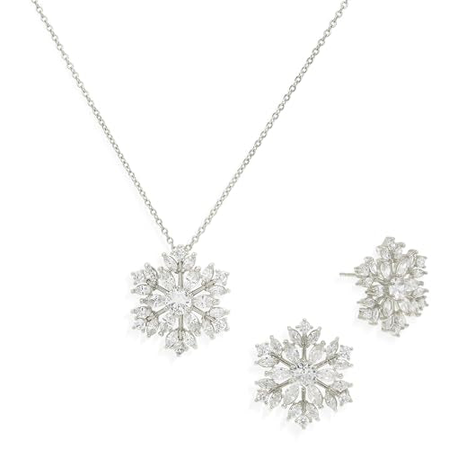 Gold Silver Stud Earrings Pendent Necklace Sets for Women, Dainty Rhinestone Crystal Necklace Earing Jewelry Set Wedding Accessories Fashion Holiday Gift - color: snowflakesilver
