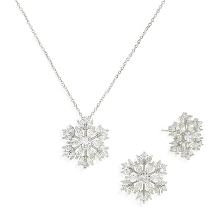 Gold Silver Stud Earrings Pendent Necklace Sets for Women, Dainty Rhinestone Crystal Necklace Earing Jewelry Set Wedding Accessories Fashion Holiday Gift - color: snowflakesilver