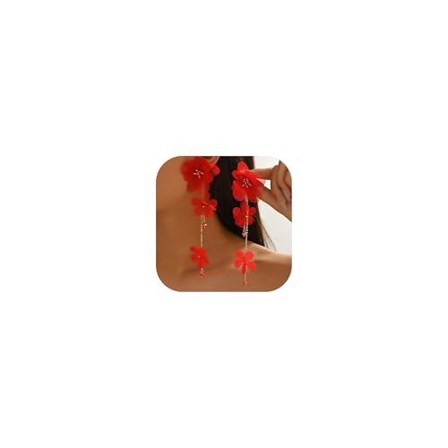 Flower Earrings for Women Long Fabric Flower Tassel Earrings Bohemian Handmade Floral Statement Earring Wedding Prom Jewelry Gifts - color: A5：red