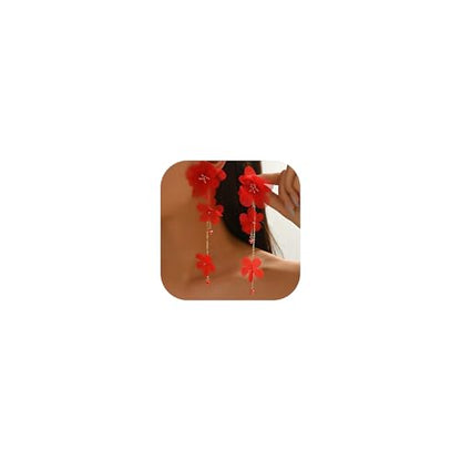 Flower Earrings for Women Long Fabric Flower Tassel Earrings Bohemian Handmade Floral Statement Earring Wedding Prom Jewelry Gifts - color: A5：red