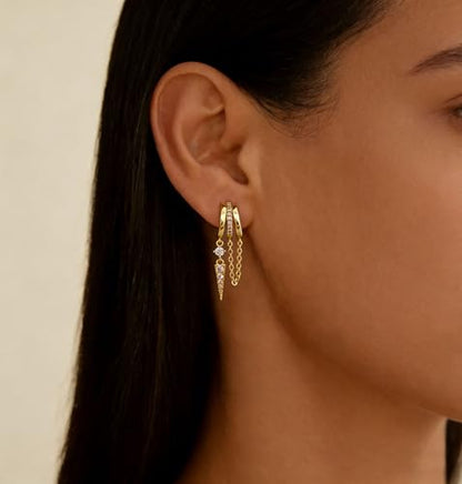 Pearl Earrings for Women Trendy, 14k Gold Plated Freshwater CZ Leaf Pearl Dangle Drop Gold Earrings Lightweight Hypoallergenic Stud Earring Bridesmaid Wedding Gold Jewelry for Women Gifts - style: cz chain earrings-4