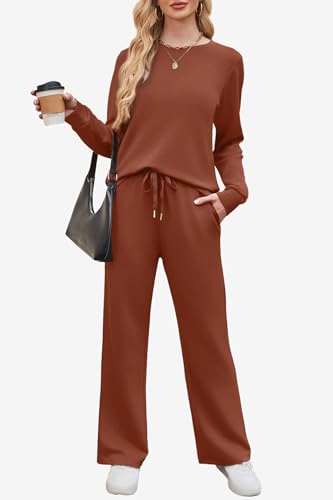 WIHOLL Lounge Sets for Women 2 Piece Travel Vacation Outfits Fall 2026 Sweatsuit Tracksuit - color: Caramel, size: Large