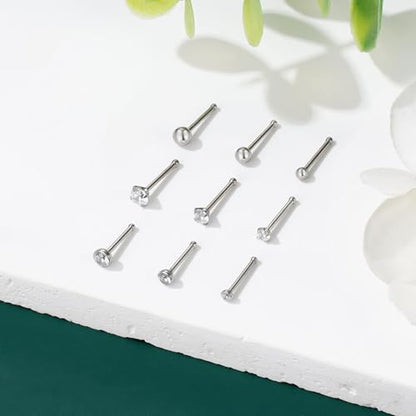 Gotumo 20G Nose Rings Titanium Nose Studs Cubic Zirconia Straight Nose Piercing Jewelry Hypoallergenic Nose Rings Studs for Women Men 6pcs set Silver - color: Silver, size: 20G Straight 9pcs