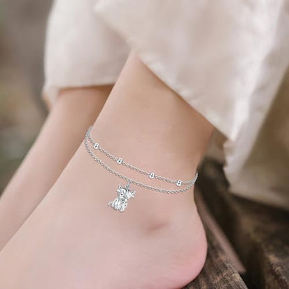 POPLYKE Frog/Pearl/Dragonfly/Ladybug/Highland Cow/Pearl/Moonstone Anklets Sterling Silver Double Layered Chain Beach Anklets for Women Foot Jewelry - style: Highland Cow Anklets