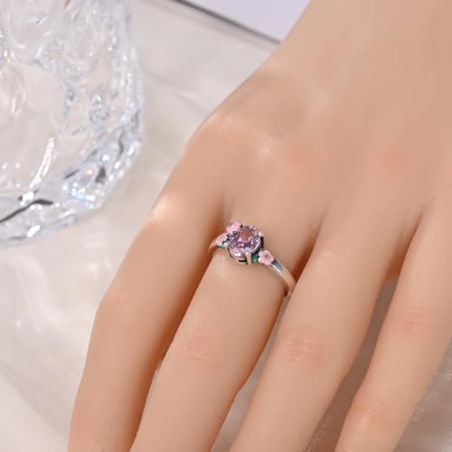 KUNSIR 925 Silver Cubic Zirconia Ring Size 7-9 Wedding Band Sterling Silver Eternity Ring Modern Style - style: Pink Flower Ring