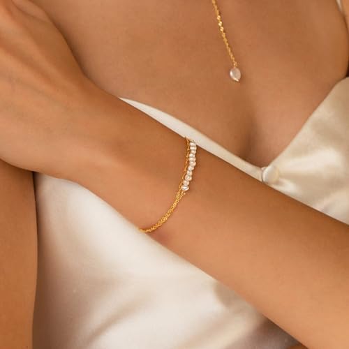 SLOONG 14K Gold Plated Pearl Bracelets for Women Trendy | Dainty Stackable Layered Chain Bridesmaid Bracelets, Waterproof Wedding Jewelry for Women Adjustable 6"+2" - color: Style2(Pearl)