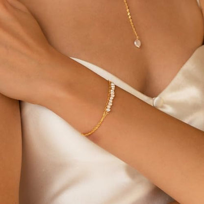 SLOONG 14K Gold Plated Pearl Bracelets for Women Trendy | Dainty Stackable Layered Chain Bridesmaid Bracelets, Waterproof Wedding Jewelry for Women Adjustable 6"+2" - color: Style2(Pearl)