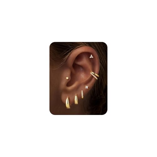 Turandoss 7 Pairs Gold Earrings for Women, Hypoallergenic | 14K Gold Plated Small Gold Hoop Earrings for Women, Earrings Stack Jewelry for Multiple Piercings - color: gold