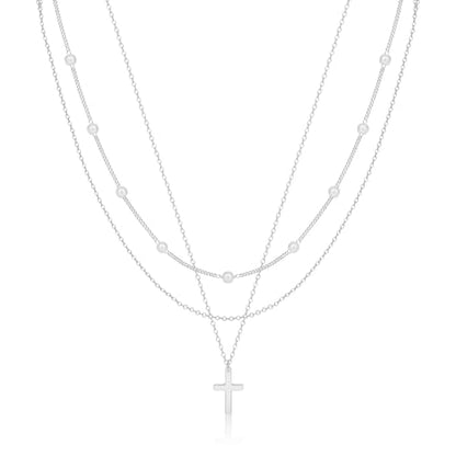ASCOMY Layered Necklaces for Women Dainty Gold Necklace 14K Gold Plated Herringbone Necklace for Women Pearl Cross Necklace Paperclip Cuban Figaro Rope Satellite Chain Gold Choker Trendy Jewelry Gift - style: 3Layer O Chain Pearl Cross-SL