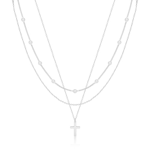 ASCOMY Layered Necklaces for Women Dainty Gold Necklace 14K Gold Plated Herringbone Necklace for Women Pearl Cross Necklace Paperclip Cuban Figaro Rope Satellite Chain Gold Choker Trendy Jewelry Gift - style: 3Layer O Chain Pearl Cross-SL