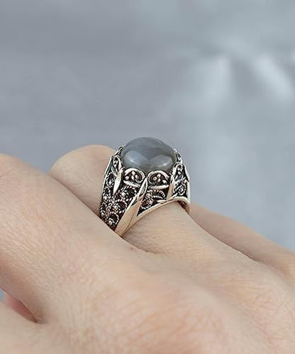 Filigranist 925 Sterling Silver Filigree Art Women Mini Dome Cocktail Ring with Gemstone, Gift Boxed - color: Grey Moonstone