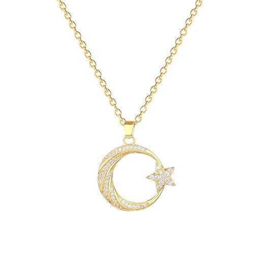 Dtja Round CZ Moon Star Pendant Necklace for Women 14K Gold Plated Stainless Steel Dainty Crystal Crescent Celestial Charms Adjustable Chain Choker Necklaces Cute Birthday Holiday Jewelry Gift 18"