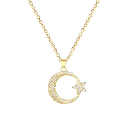 Dtja Round CZ Moon Star Pendant Necklace for Women 14K Gold Plated Stainless Steel Dainty Crystal Crescent Celestial Charms Adjustable Chain Choker Necklaces Cute Birthday Holiday Jewelry Gift 18"