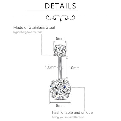 FECTAS 14g Belly Button Rings Surgical Steel CZ Petite Navel Ring for Women Body Piercing Jewelry Petite select Barbell Len 6mm 8mm 10mm 12mm 14mm Silver - style: silver1-2pcs-10mm bar
