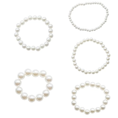 5Pcs White Faux Pearl Bracelet, Bridal Wedding Stackable Bracelets | 5 Size Stretch Bridesmaid Bridal Wedding Stackable Bracelets, Faux Pearl Beaded Bracelet for Ladies/Bridal Wedding Party Gift