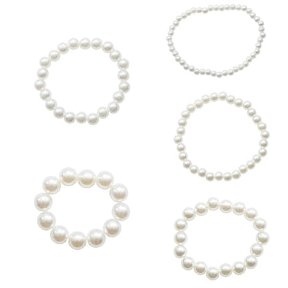 5Pcs White Faux Pearl Bracelet, Bridal Wedding Stackable Bracelets | 5 Size Stretch Bridesmaid Bridal Wedding Stackable Bracelets, Faux Pearl Beaded Bracelet for Ladies/Bridal Wedding Party Gift