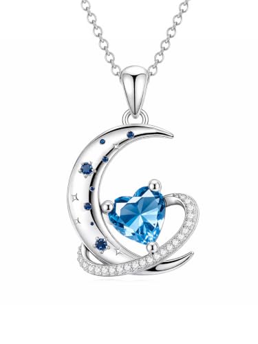 Birthstone Necklace for Women White Gold Moon and Star Pendant Moon Jewelry Anniversary Birthday Gifts for Mom Wife Her - color: 12. December - Blue Topaz