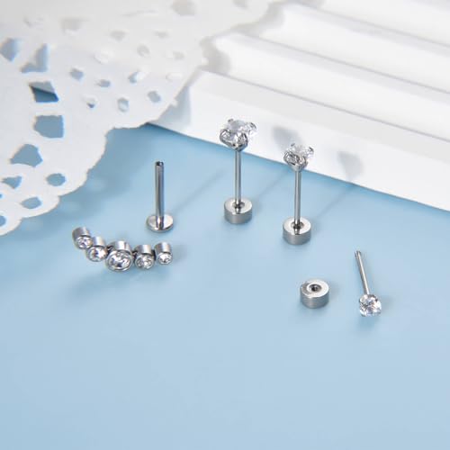 Lantine 16g CZ Crawler Flat Back Stud Earrings Set G23 Titanium Cartilage Tragus Daith Helix Piercing Jewelry 20g Flat Screw 2nd 3rd Lobe FlatBack Earrings - color: CZ, size: 16g 10mm