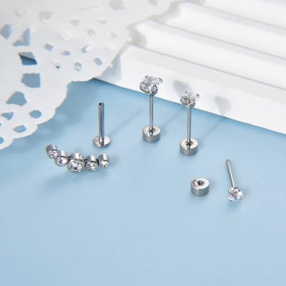 Lantine 16g CZ Crawler Flat Back Stud Earrings Set G23 Titanium Cartilage Tragus Daith Helix Piercing Jewelry 20g Flat Screw 2nd 3rd Lobe FlatBack Earrings - color: CZ, size: 16g 10mm