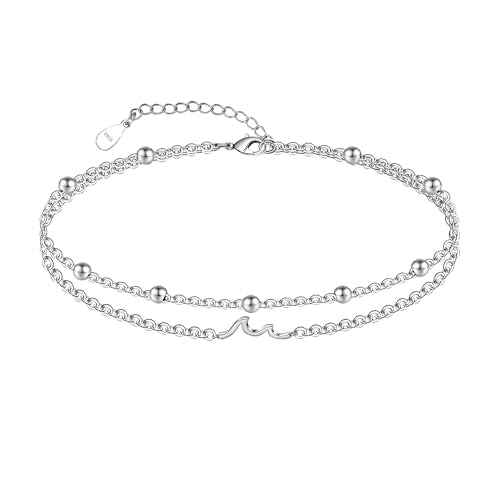 CHIC & ARTSY 925 Sterling Silver Ankle Bracelets for Women, Adjustable Layered Foot Chains with Nature & Symbol Charms, Lightweight Comfort Fit Boho Beach Everyday Jewelry - color: Wave/silver