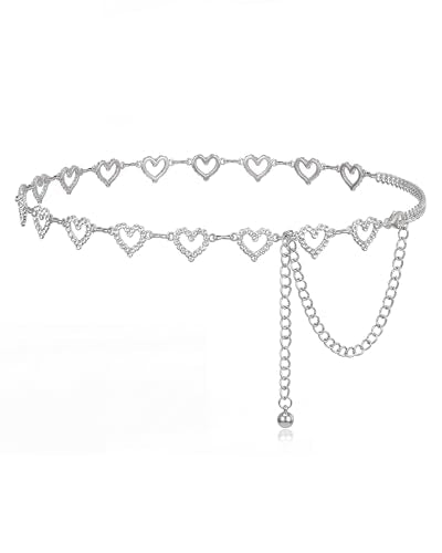 Chain Belt for Women Fashion Metal Waist Chain Belt for Dress Jeans - size: Fit Waist Up to 55'', style: Silver-heart
