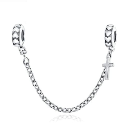 Heart Charm Clip Lock Spacer Stopper Charm Bead Bracelet 925 Sterling Silver Charms Safety Chain for Pandora Bracelets - color: Love Cross Safety Chain