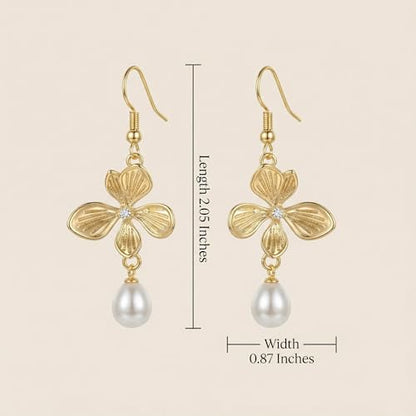 BELLA-Bee Gold Plated Flower Drop Earrings for Women, Dangle Earrings with Pearl, Hypoallergenic Gold Earrings for Sensitive Ears, Elegant Jewelry Gifts - color: 14K Gold plated Flower-1