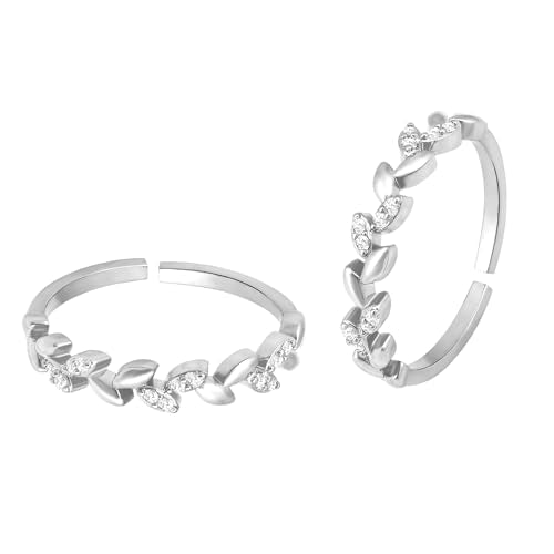 Aheli Cubic Zirconia Studded Leaf Style Adjustable Toe Ring Bichiya Fancy Jewellery for Women - color: Silver