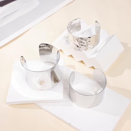 3PCS Chunky Cuff Bracelets for Women Irregular Minimalist Statement Bangle Bracelets Set Open Wide Wire Grooved Hammered Bangle Bracelet Gold Sliver Wrist Cuff Wrap Bracelet Adjustable - color: Silver Cuff Bracelets D