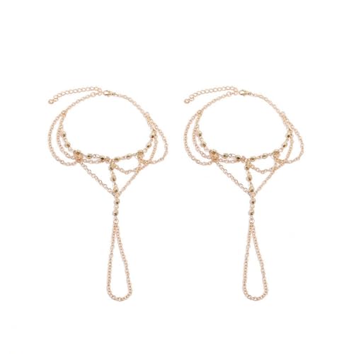 Kokoma Beaded Barefoot Sandal Anklet for Women Multi-Layered Link Tassel Anklet with Toe Ring Wedding Beach Foot Chain Fashion Jewelry - color: Gold