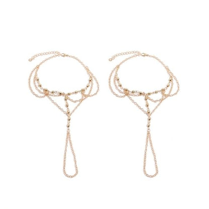 Kokoma Beaded Barefoot Sandal Anklet for Women Multi-Layered Link Tassel Anklet with Toe Ring Wedding Beach Foot Chain Fashion Jewelry - color: Gold