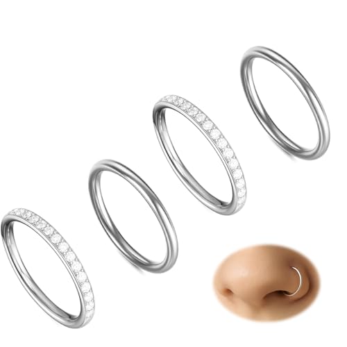 CZ Nose Rings for Man Women – Double Hoop and Segment Clicker Piercing Jewelry for Septum, Cartilage, Tragus, Helix, Hypoallergenic, 4 Set - color: Silver, size: 16G 6MM