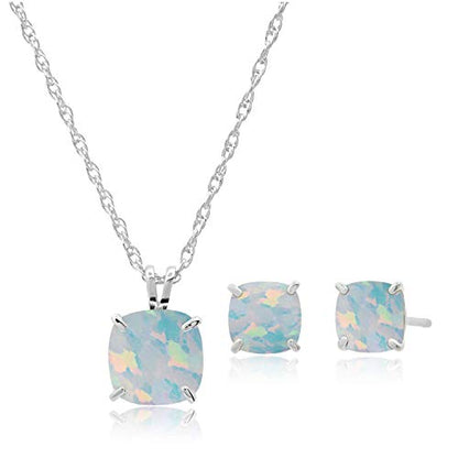 MAX + STONE 14k Gold Plated or Sterling Silver Cushion Cut Gemstone Stud Earrings and Pendant Necklace for Women with 6mm and 8mm Birthstones 18 Inch Chain and Push Backs Jewelry Set - style: Sterling Silver|Simulated Opal