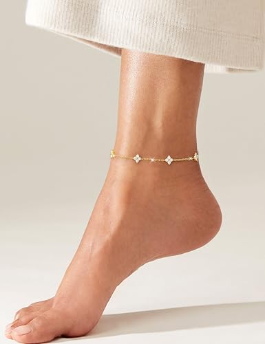 RLMOON Gold Silver Anklets for Women Waterproof CZ Ankle Bracelets | 14K Gold Plated Layered Stackable Clover Butterfly Tennis Chain Anklet Non Tarnish Trendy Summer Beach Foot Jewelry - color: Gold