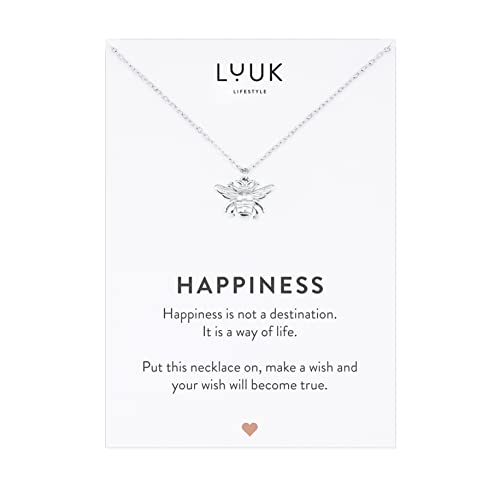 LUUK LIFESTYLE Stainless steel necklace with pendant and HAPPINESS card, 20” adjustable length, lucky charm, friendship chain, Valentine's Day gift, birthday, women's jewelry, silver, gold, rosegold - color: Silver, size: Bee