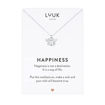 LUUK LIFESTYLE Stainless steel necklace with pendant and HAPPINESS card, 20” adjustable length, lucky charm, friendship chain, Valentine's Day gift, birthday, women's jewelry, silver, gold, rosegold - color: Silver, size: Bee