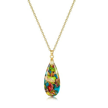 Joya Love 14K Gold Plated Healing Stone Teardrop Pendant Necklace for Women, Waterproof Stainless Steel Chain, Colorful Natural Stone Look, Boho Spiritual Jewelry Gift - color: Colorful -Gold