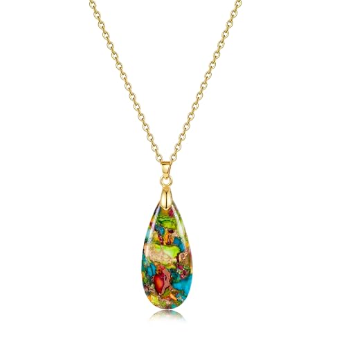 Joya Love 14K Gold Plated Healing Stone Teardrop Pendant Necklace for Women, Waterproof Stainless Steel Chain, Colorful Natural Stone Look, Boho Spiritual Jewelry Gift - color: Colorful -Gold
