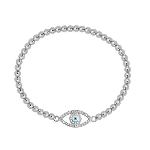 Women Evil Eye Ball chain Elastic bracelet with CZ Cubic Zirconia - color: Eye Silver