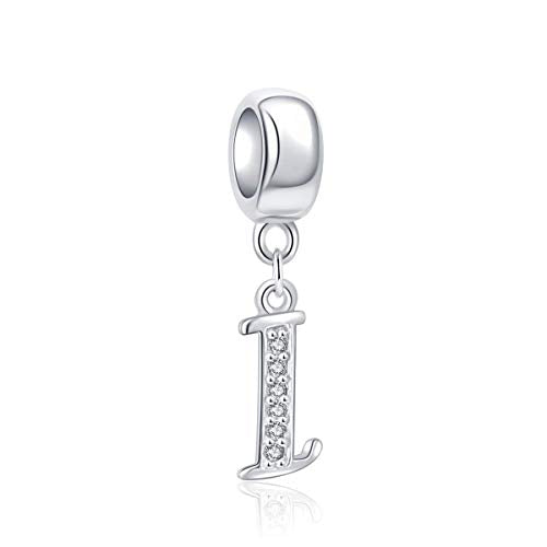 925 Sterling Silver Charms Alphabet Beads fit Pandora Charm Bracelets A-Z Letter Initial Spacer Dangle Clear CZ Stone Authentic for Snake Chain Bracelets - color: I